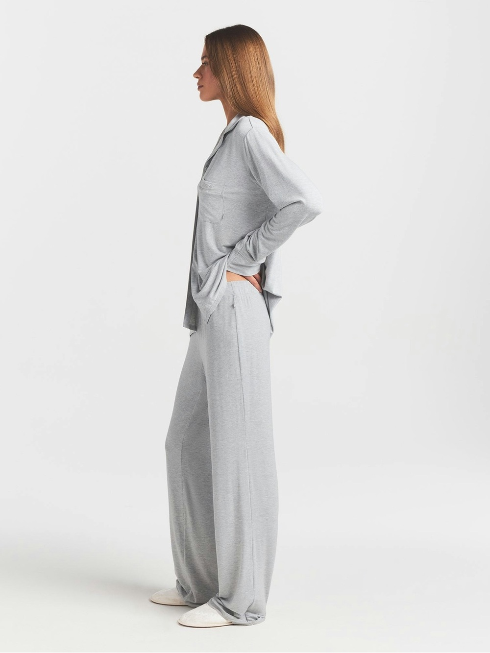 SKIMS Light Heather Grey Long-sleeve Sleep Set - Picture 2 of 5